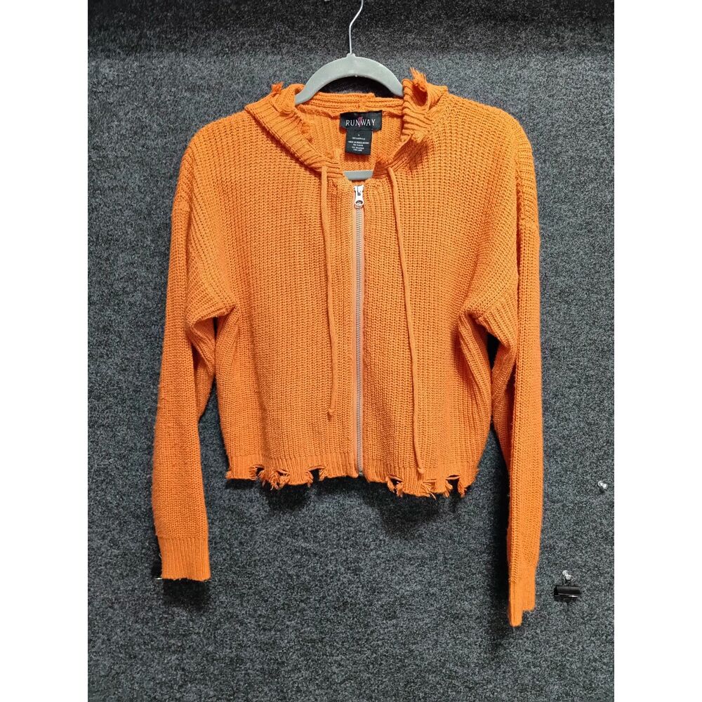 Runway Orange Distressed Zip Up Hooded Cropped Sweater Womens L